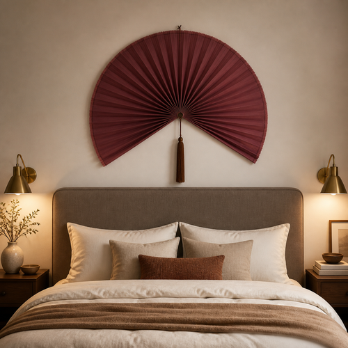Burgundy Handwoven Bamboo Wall Fan with Brown Tassels - 50" × 100 cm