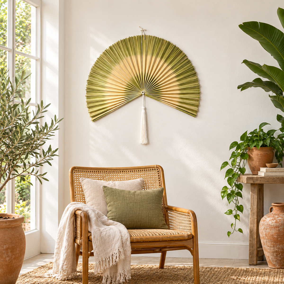 Light Olive Striped woven wall fan in a styled room