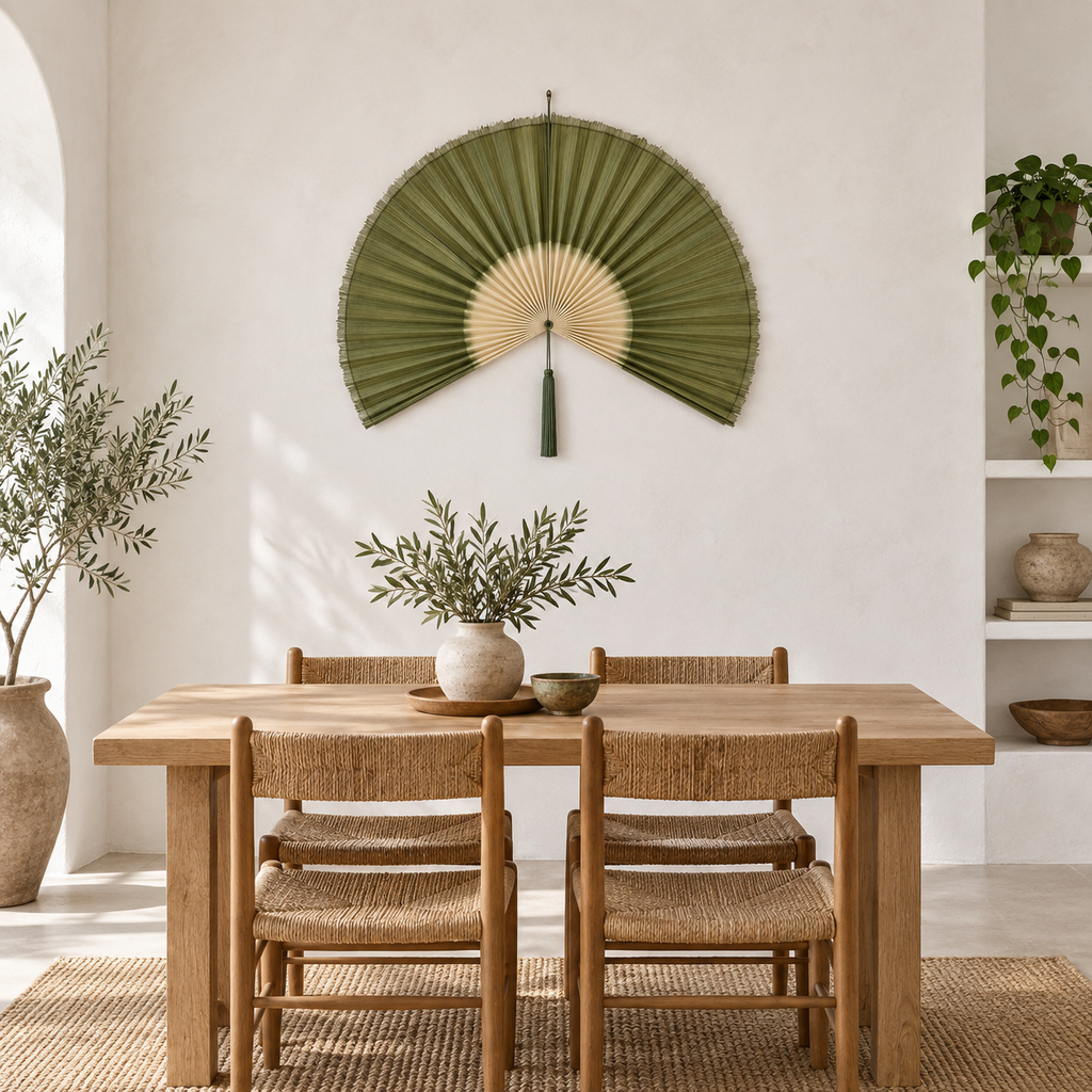 Olive Green & Natural woven wall fan in a styled room