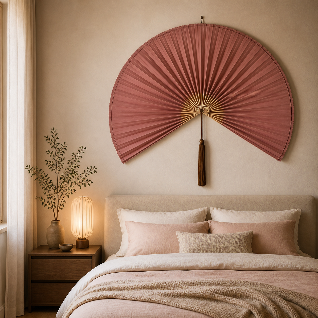 Warm Pink Handwoven Bamboo Wall Fan with Brown Tassels - 50" × 100 cm