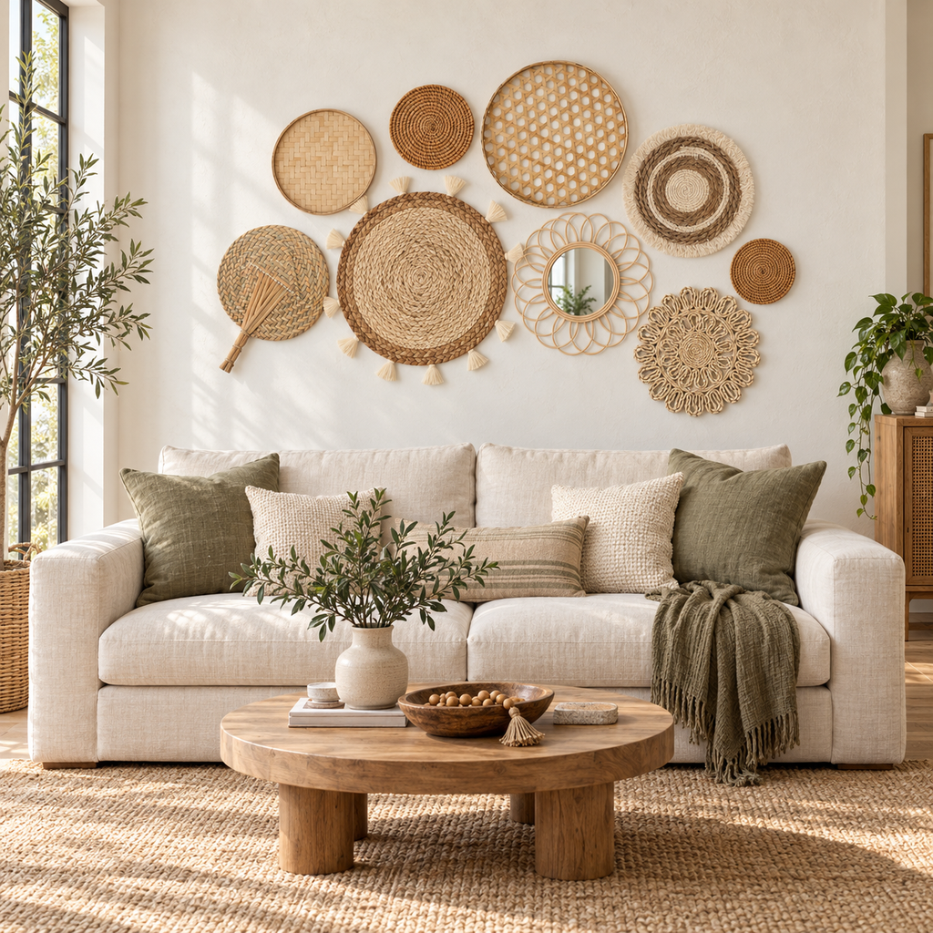 Nine-piece natural woven wall decor set with flower mirror arranged above a sofa