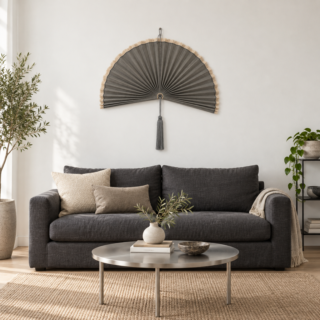 Deep Gray woven wall fan in a styled room