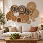 Black mandala and woven leaf wall baskets above a living room sofa