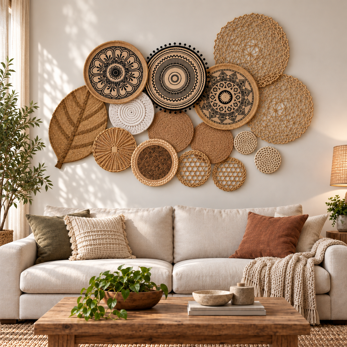 Black mandala and woven leaf wall baskets above a living room sofa