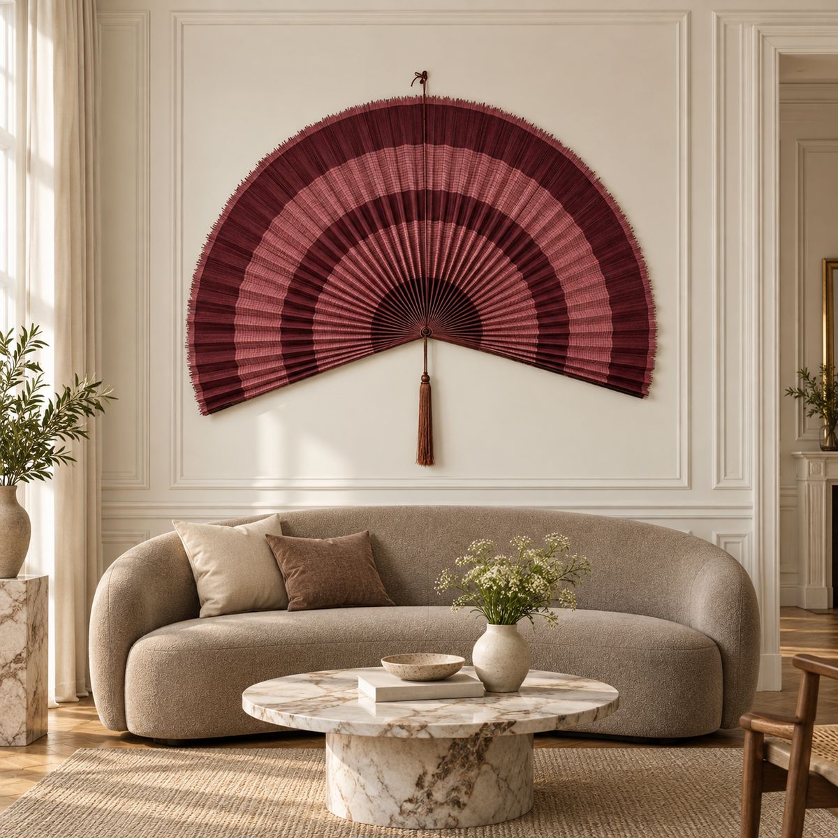 Burgundy & Dusty Pink Striped woven wall fan in a styled room