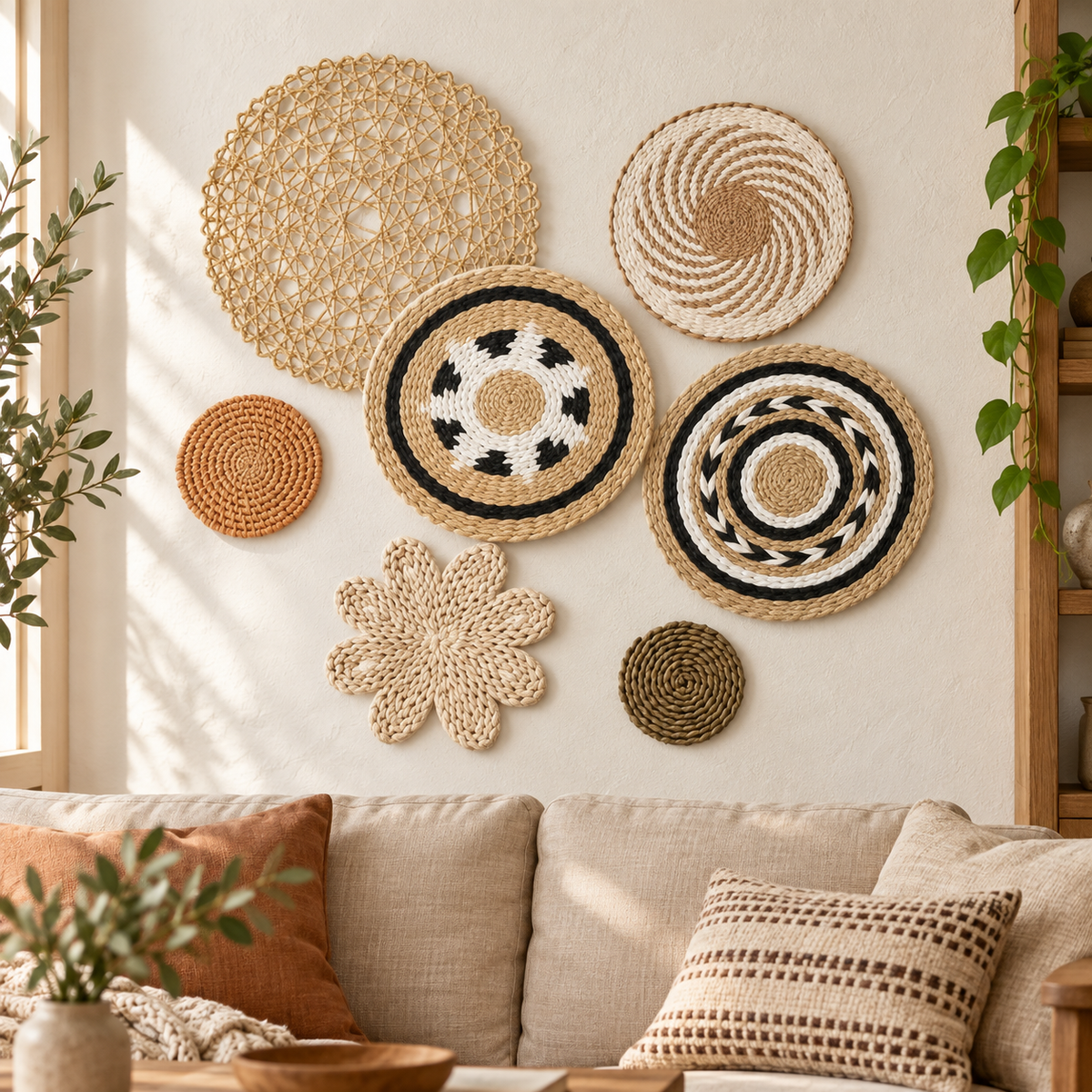 Black white and natural woven wall baskets above a living room sofa