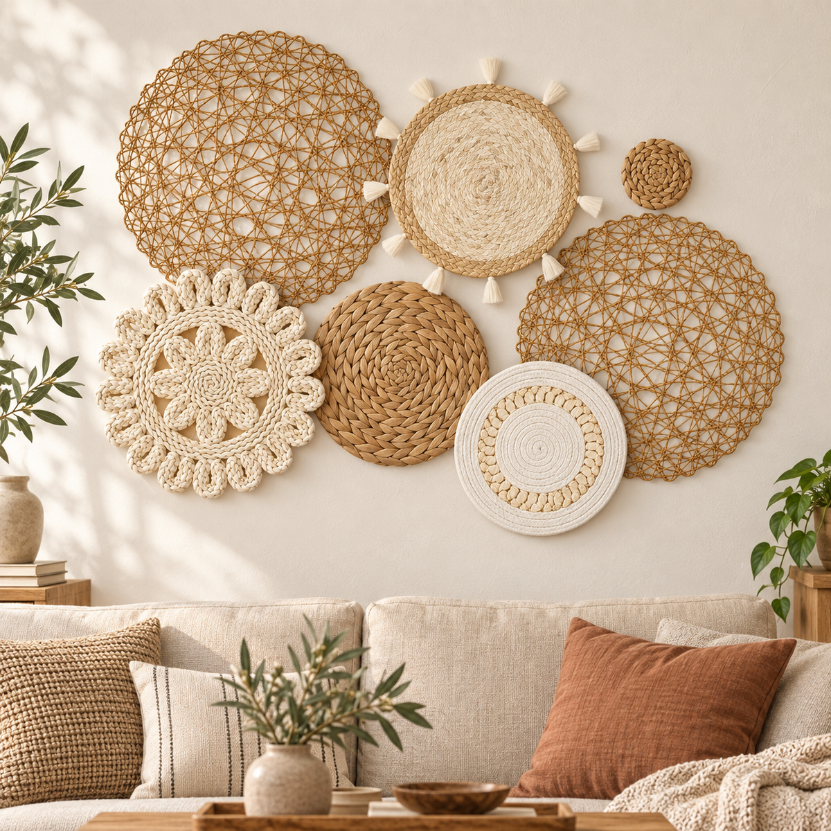 Openwork floral woven wall baskets displayed above a living room sofa