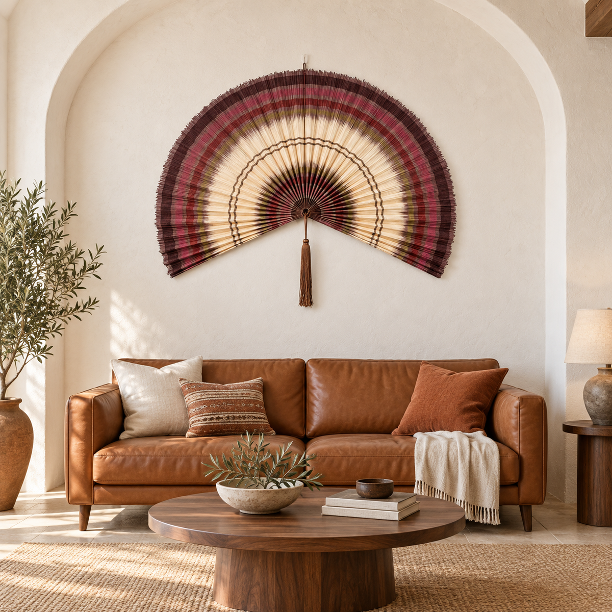 Burgundy & Natural Striped woven wall fan in a styled room