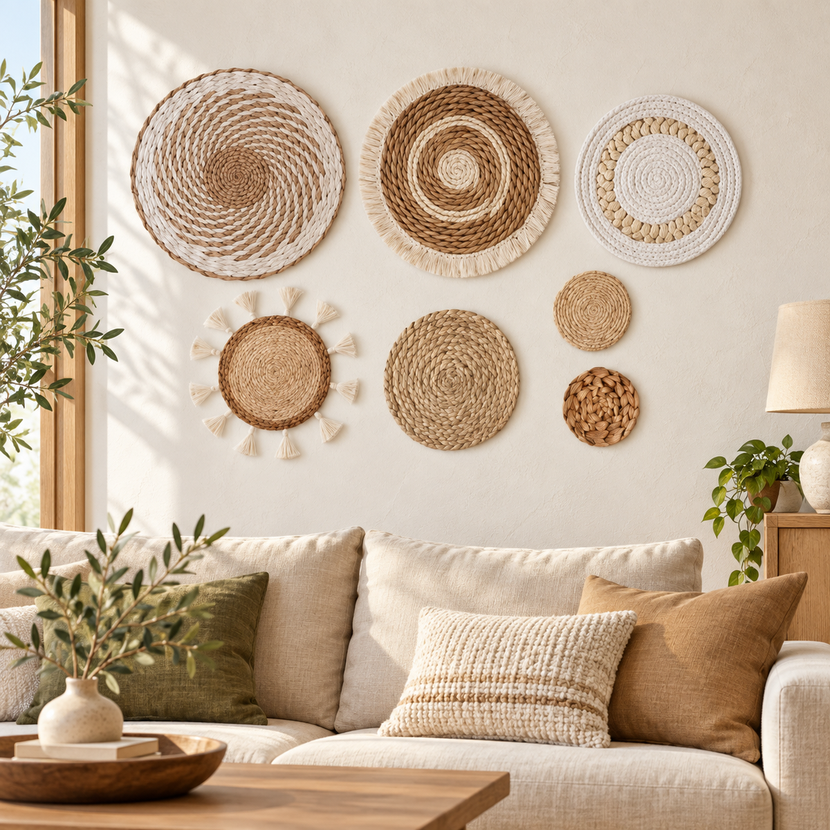 Seven-piece neutral woven wall basket set above a living room sofa