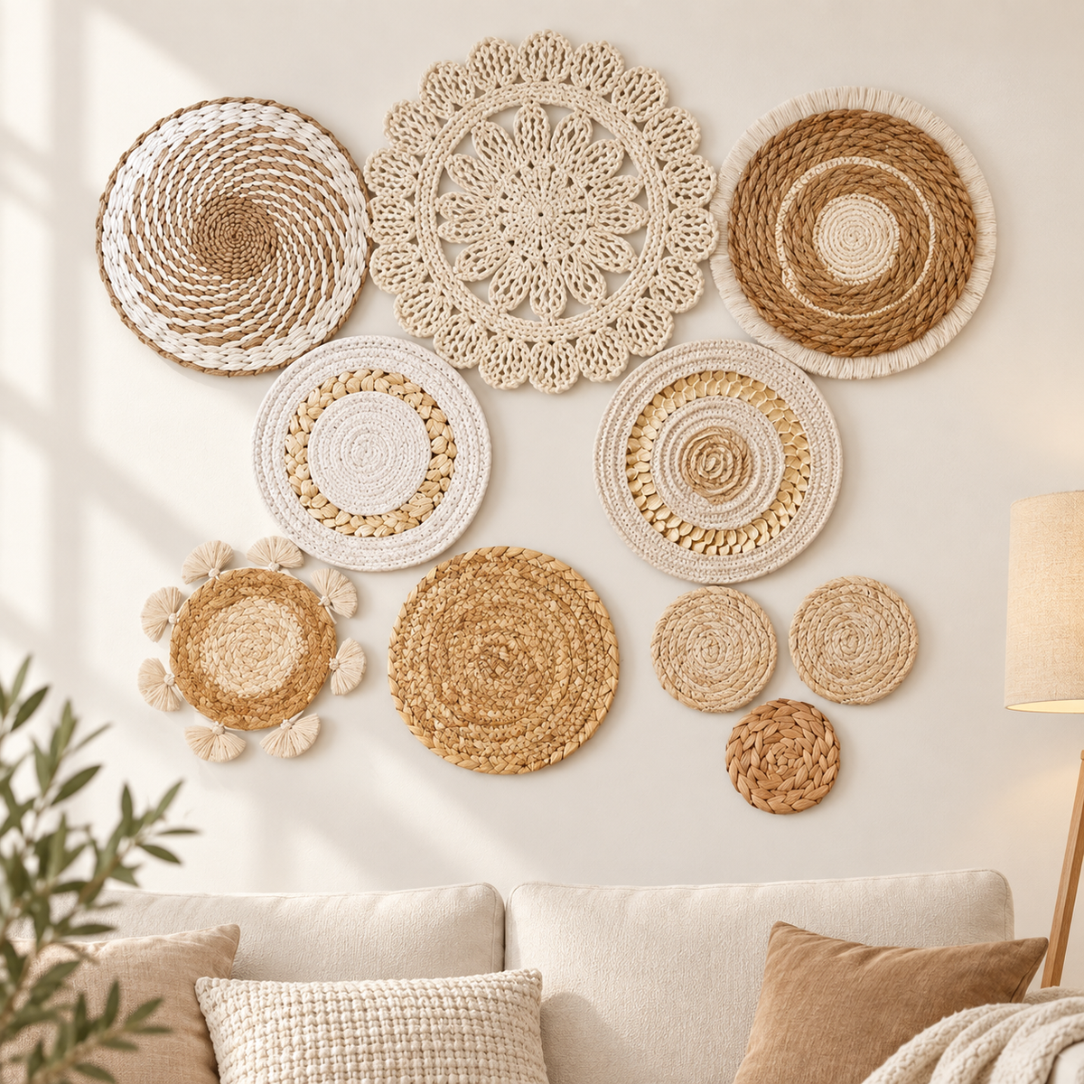 Ivory floral spiral wall baskets displayed above a living room sofa