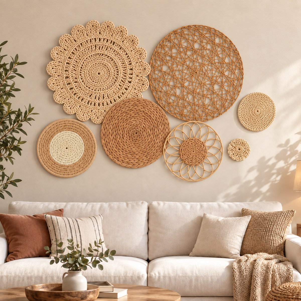 Natural rattan floral wall baskets above a living room sofa