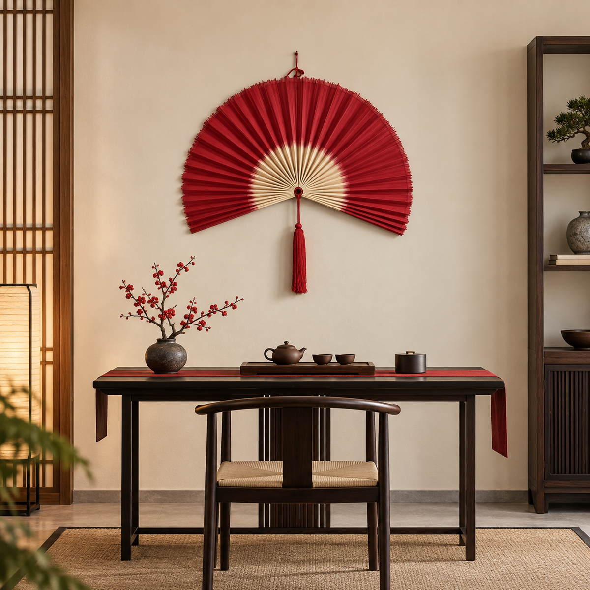 Red & Natural woven wall fan in a styled room