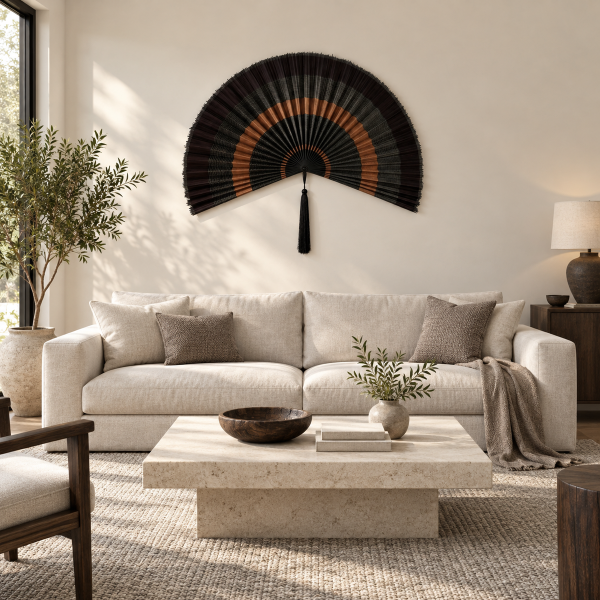 Black and copper woven wall fan above a living room sofa