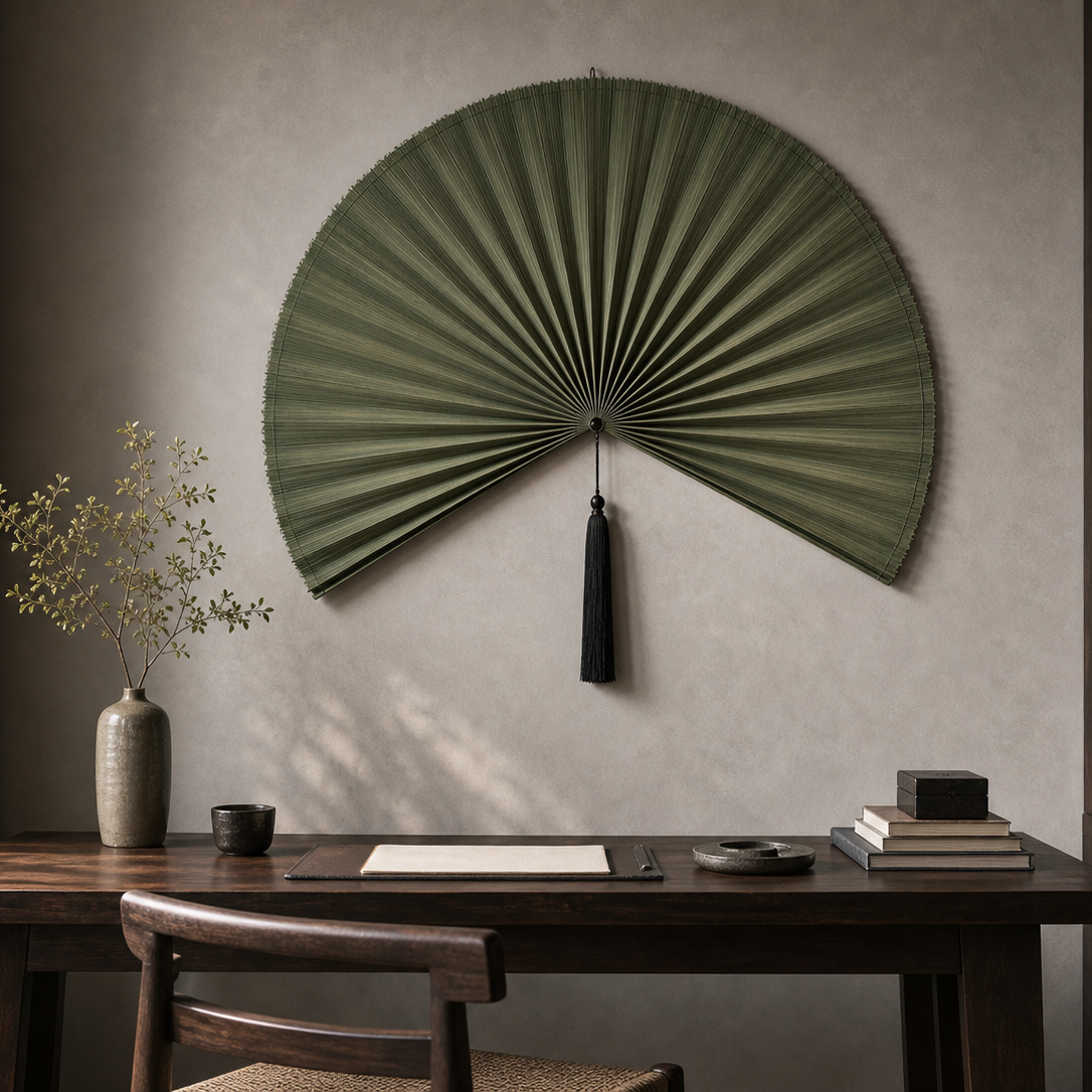 Olive Green Handwoven Bamboo Wall Fan with Black Tassels - 40" / 100 cm