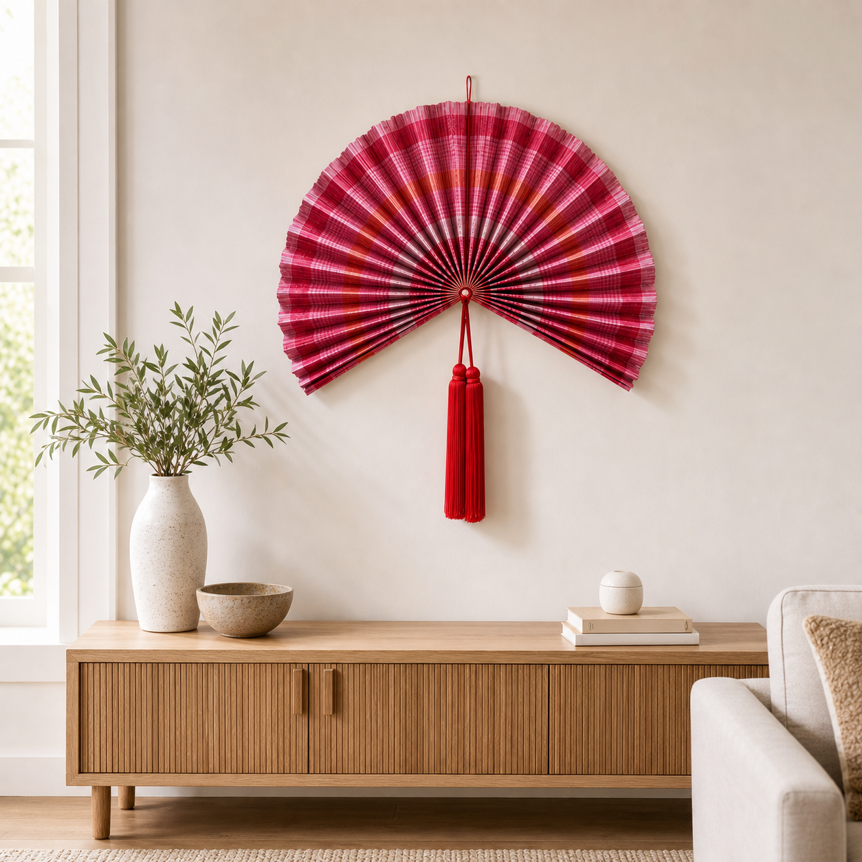 Large 30" Handcrafted Bamboo Folding Fan Wall Decor - Red Pink