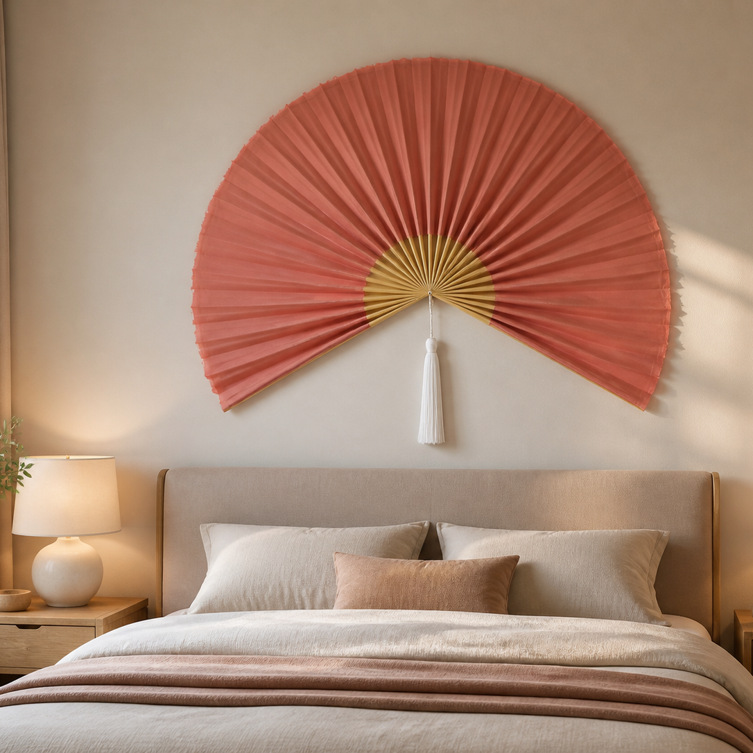 Pink Coral Handwoven Wall Fan with White Tassels