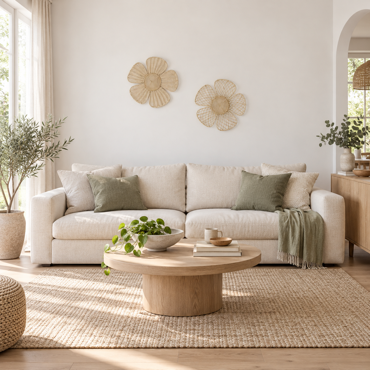 Pair of natural rattan flower wall accents above a living room sofa