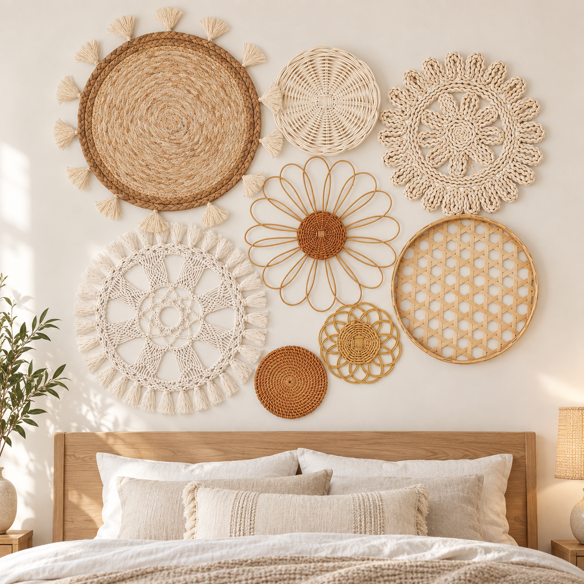 Eight-piece natural woven wall decor set displayed in a bedroom