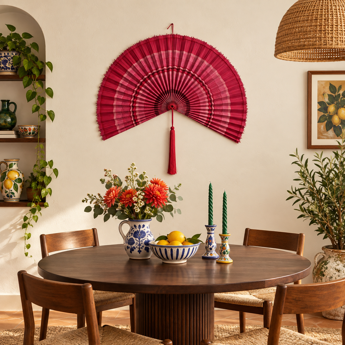 Rose Red Ombre woven wall fan in an alternate room setting