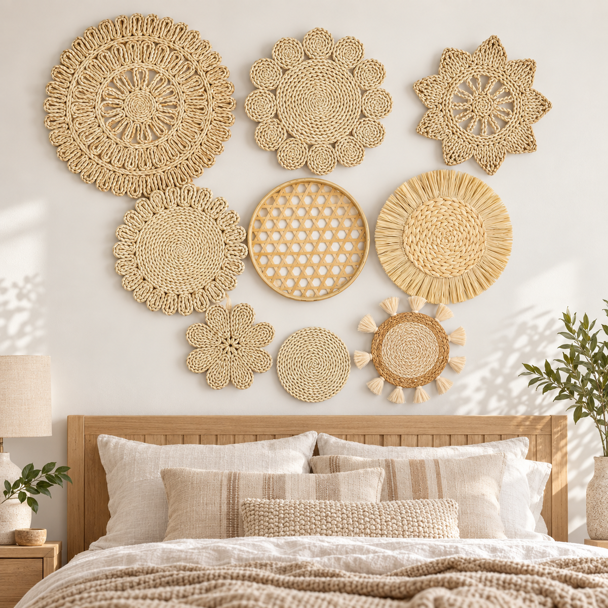 Nine-piece floral basket wall decor displayed in a bedroom
