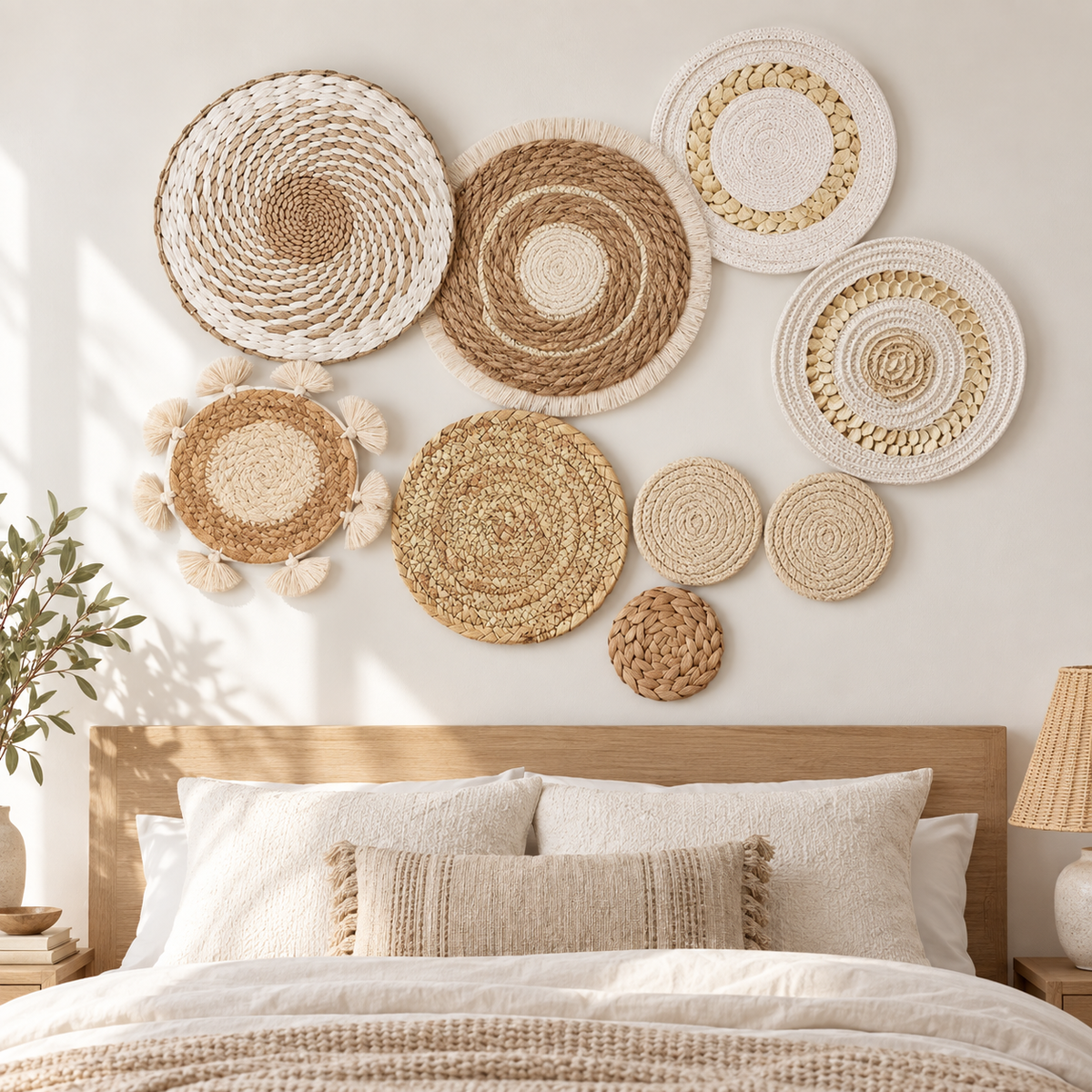 Nine-piece neutral basket wall decor displayed in a bedroom