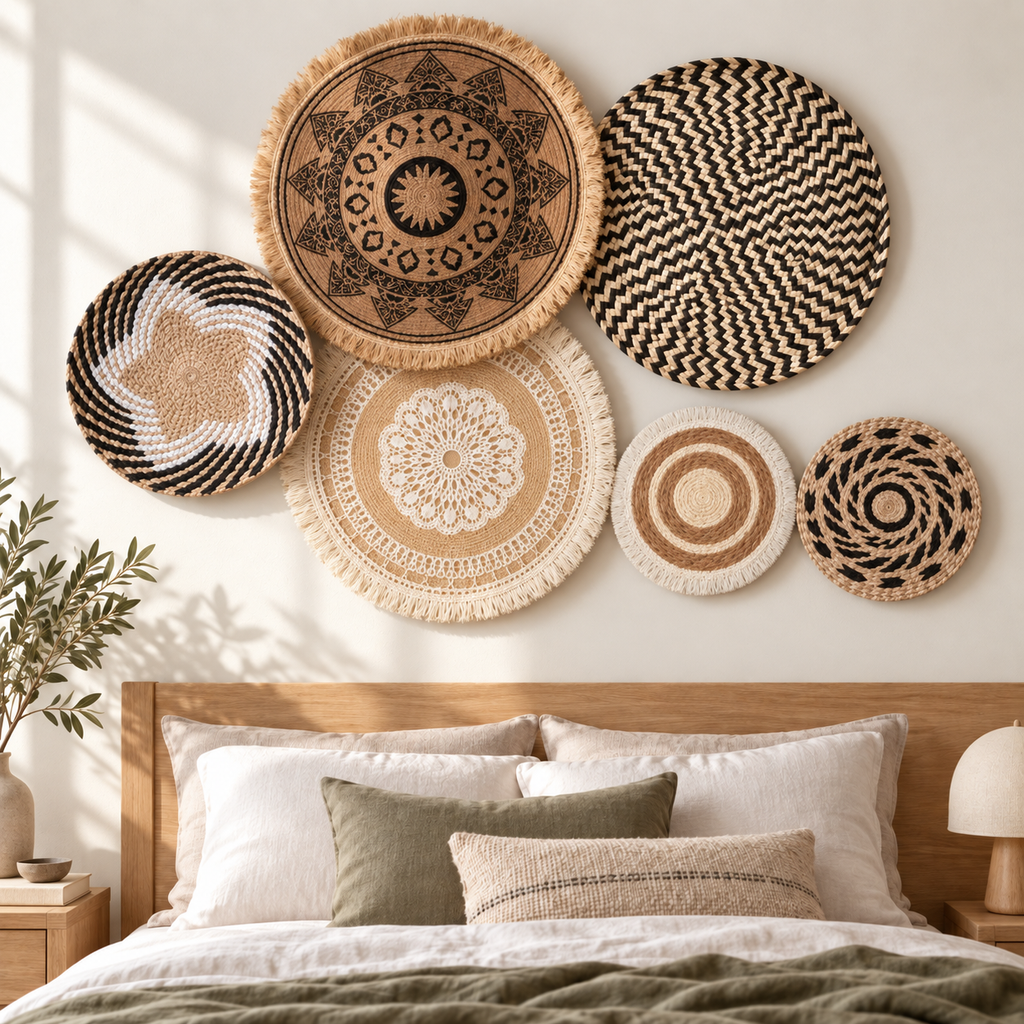 Six-piece neutral tassel basket wall decor displayed in a bedroom