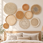 Nine-piece natural woven wall decor set displayed in a bedroom