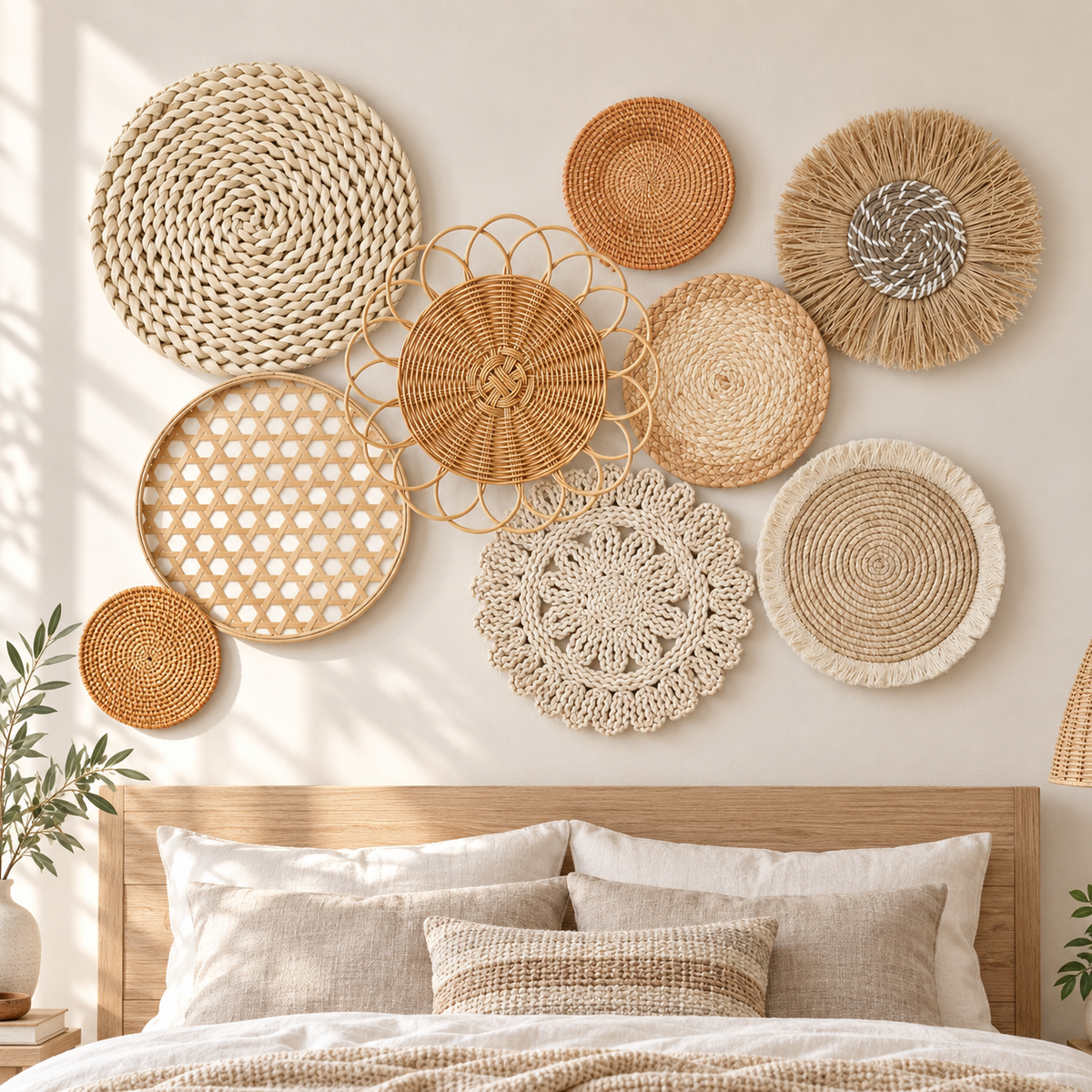 Nine-piece natural woven wall decor set displayed in a bedroom