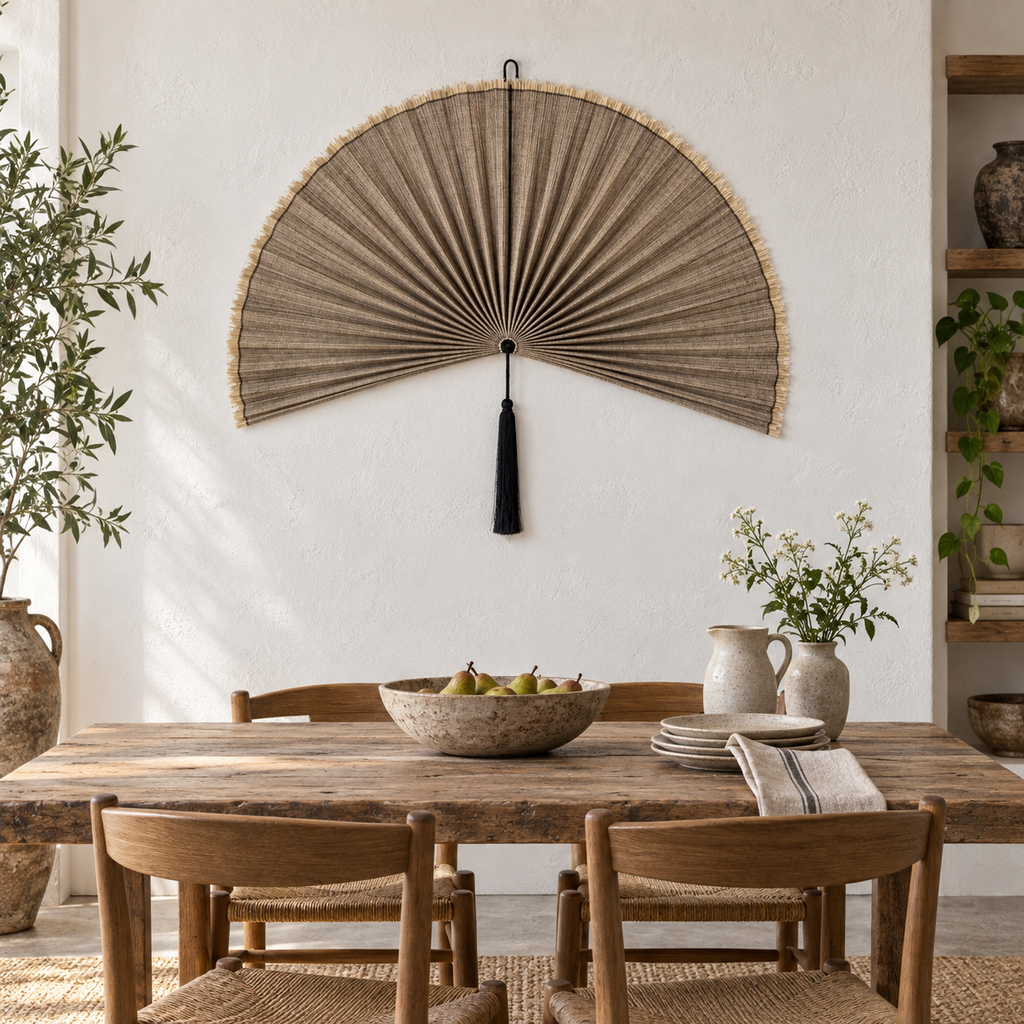 Linen Taupe woven wall fan in an alternate room setting