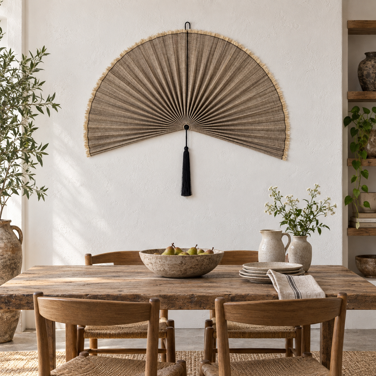 Linen Taupe woven wall fan in an alternate room setting