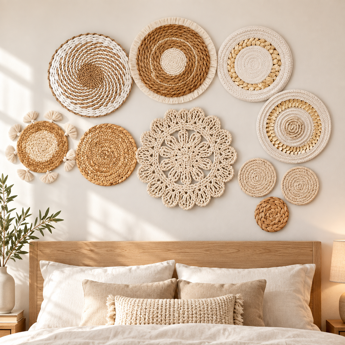 Ten-piece neutral basket wall decor displayed in a bedroom