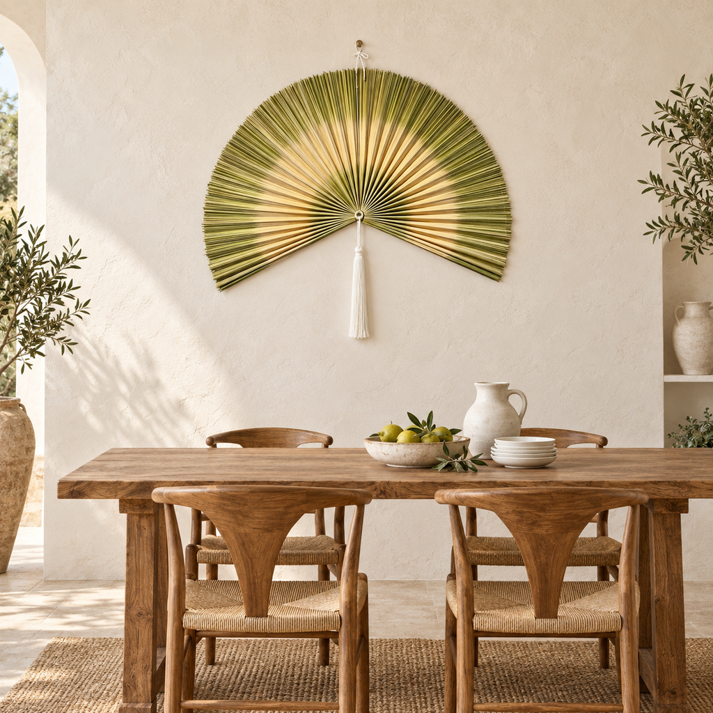 Light Olive Striped woven wall fan in an alternate room setting