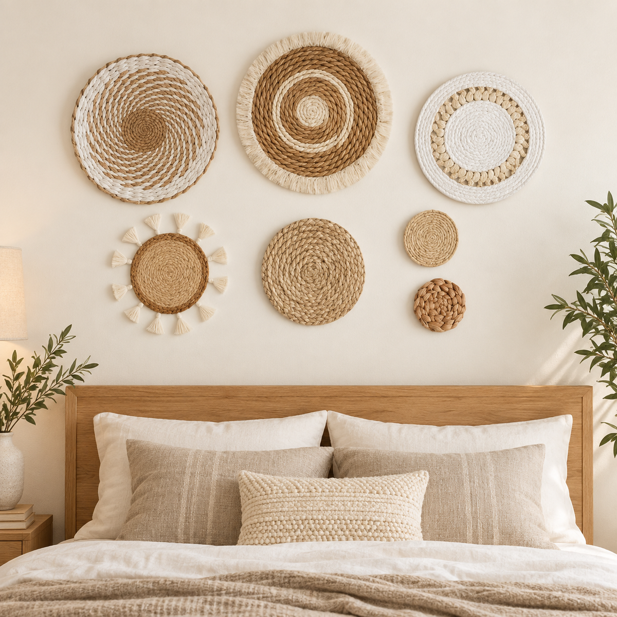 Neutral boho tassel basket wall decor displayed in a bedroom