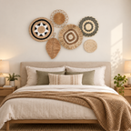 Six-piece boho basket wall decor displayed in a bedroom