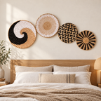 Boho woven basket wall decor displayed in a bedroom