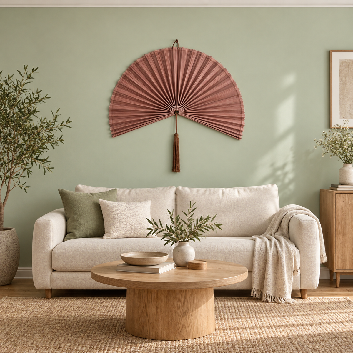 Dusty Blush Pink woven wall fan in an alternate room setting