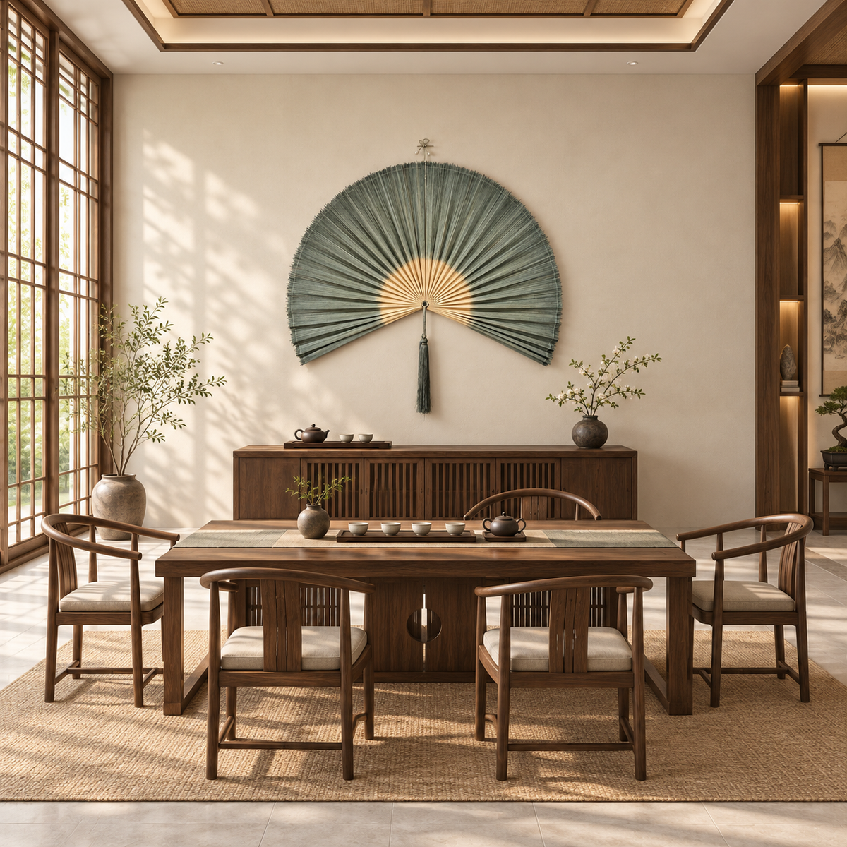 Sage green decorative wall fan in a tea room
