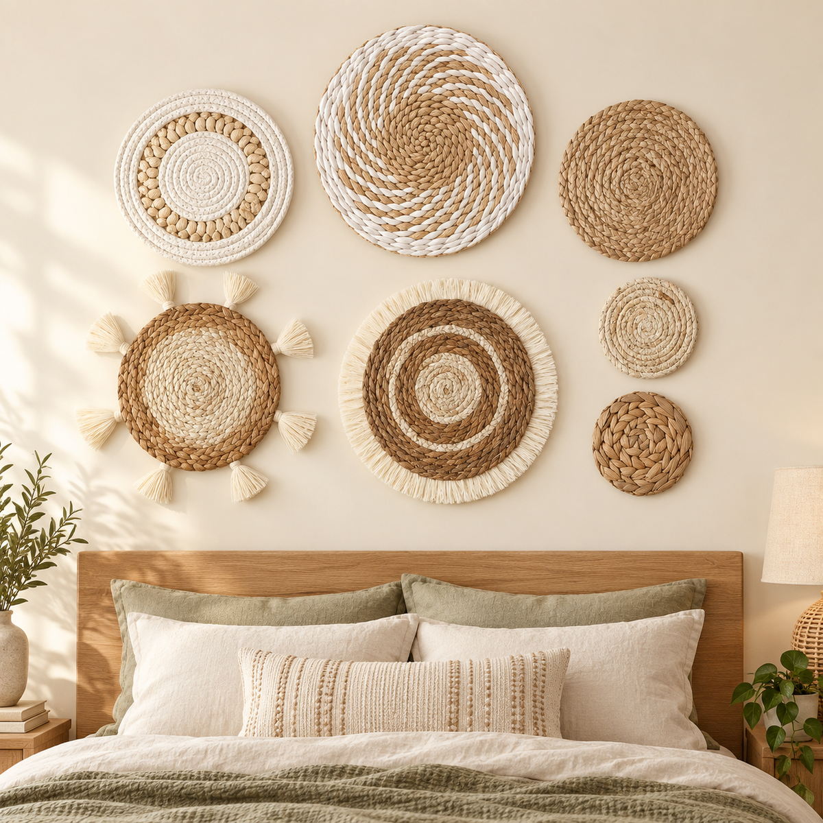 Seven-piece neutral basket wall decor displayed in a bedroom