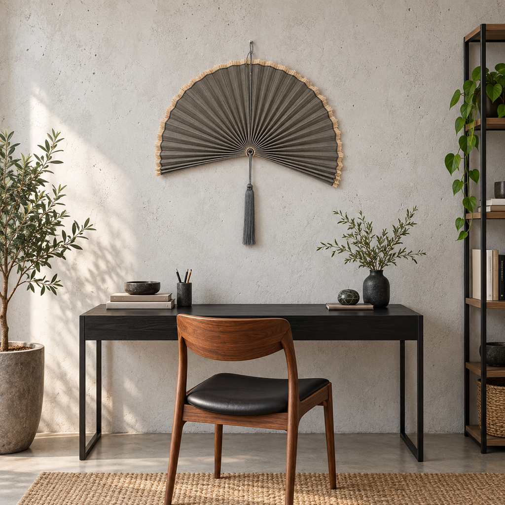 Deep Gray woven wall fan in an alternate room setting