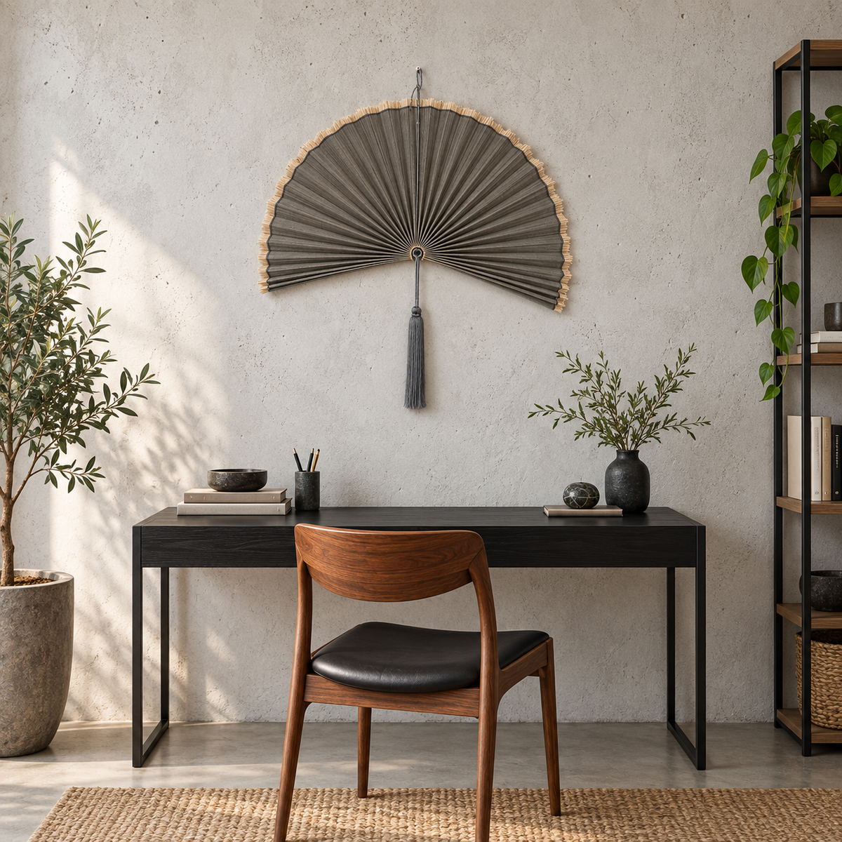 Deep Gray woven wall fan in an alternate room setting