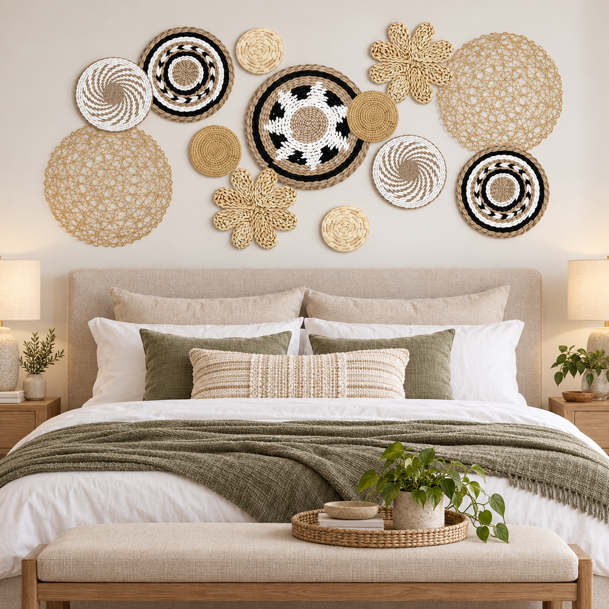 Twelve-piece geometric basket wall decor in a bedroom