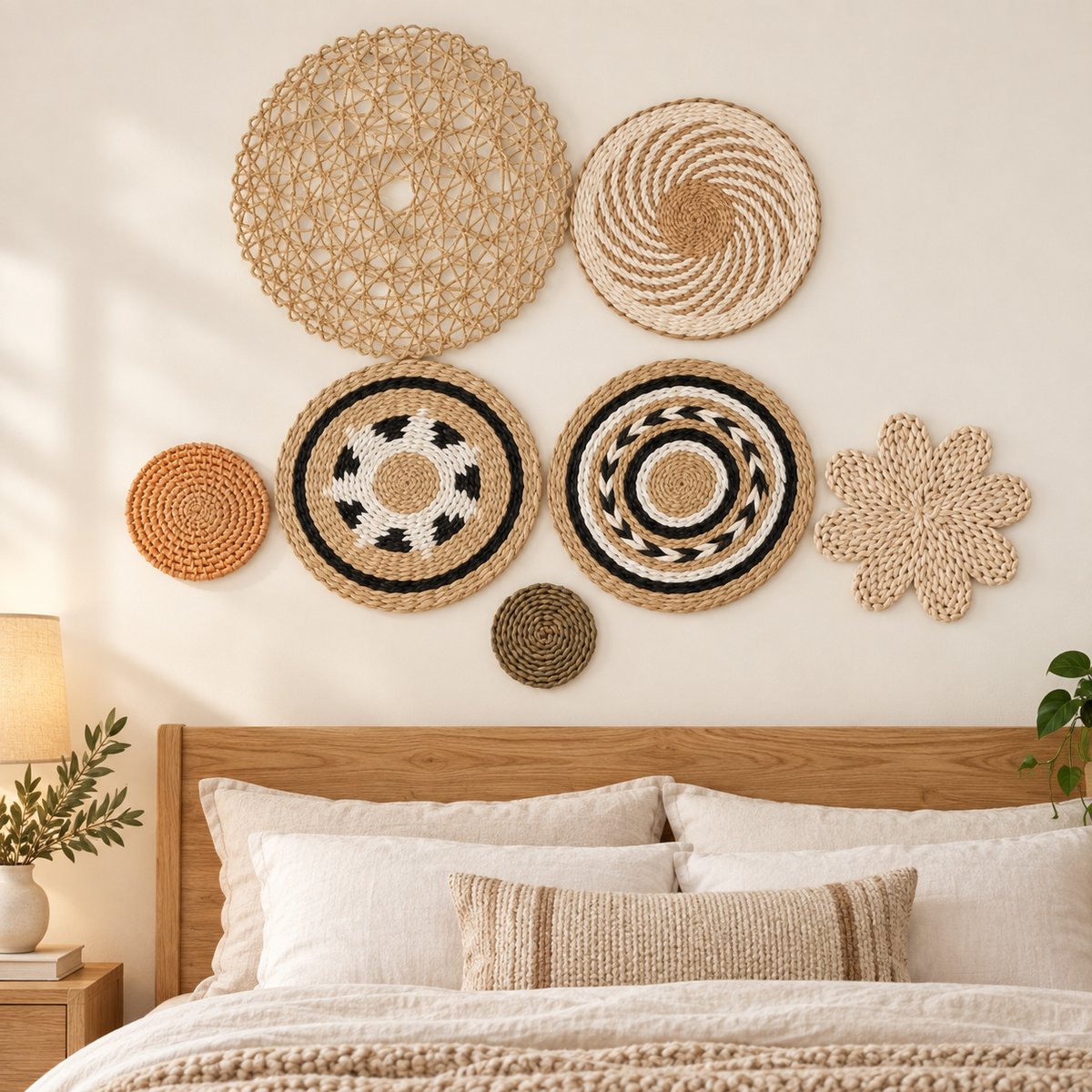 Seven-piece geometric basket wall decor displayed in a bedroom