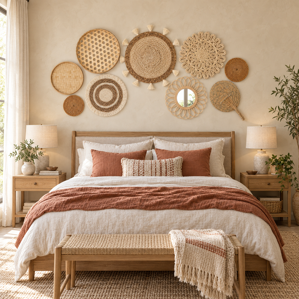 Nine-piece woven wall basket decor in an arched arrangement above a bed