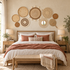 Nine-piece woven wall basket decor in an arched arrangement above a bed