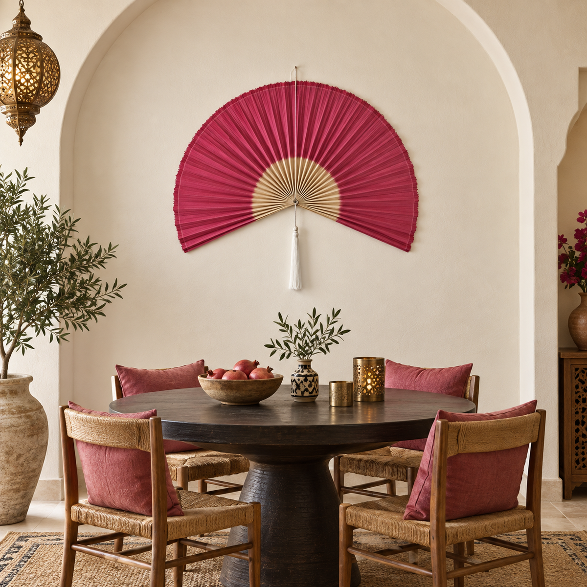 Magenta & Natural woven wall fan in an alternate room setting