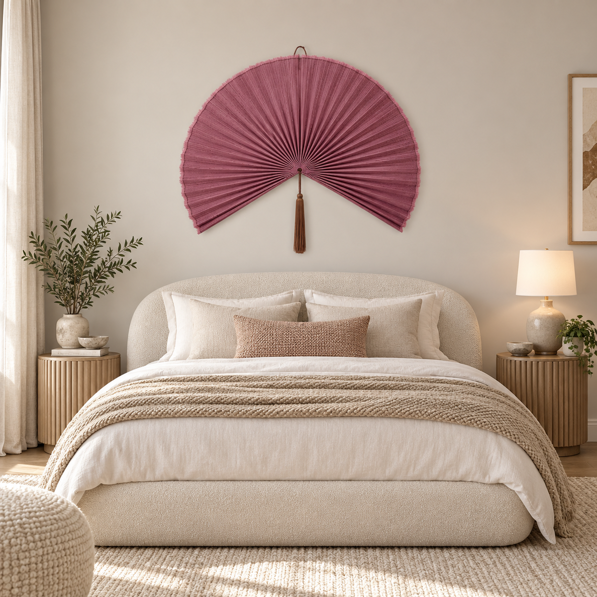 Mauve Rose woven wall fan in an alternate room setting