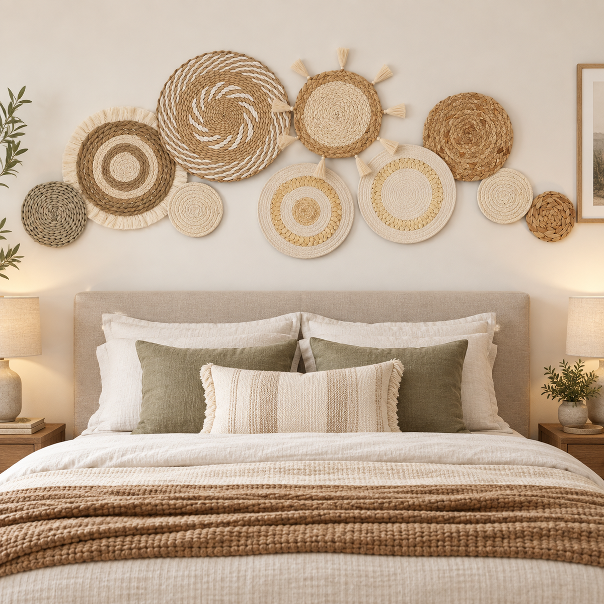 Ten-piece sage green basket wall decor displayed in a bedroom