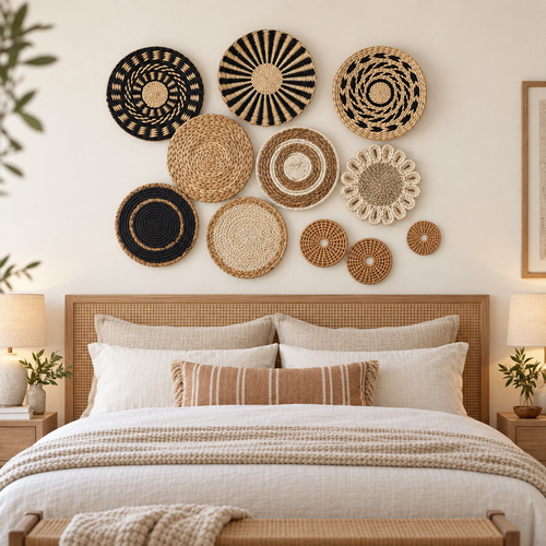 Eleven-piece geometric basket wall decor in a bedroom