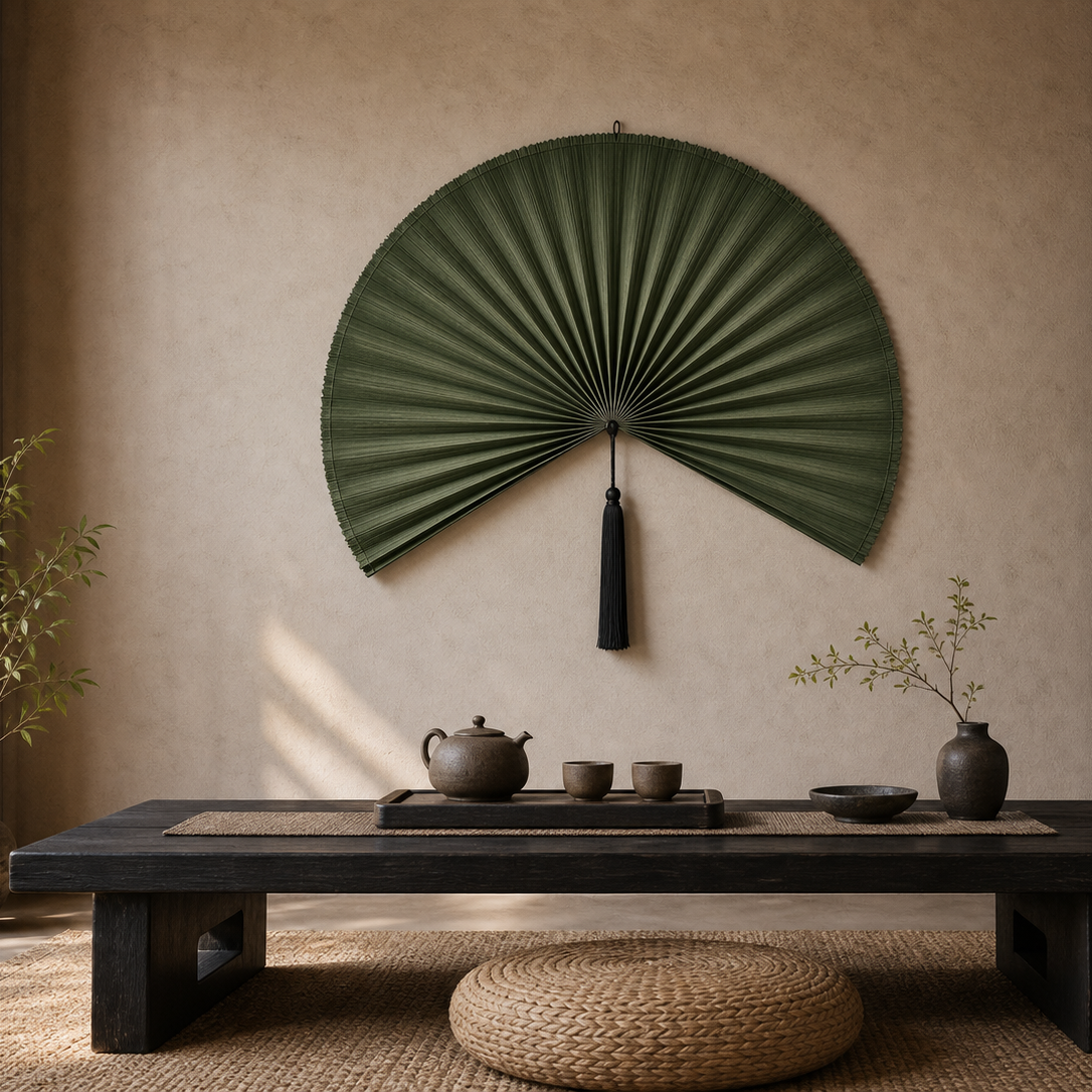 Olive Green Handwoven Bamboo Wall Fan with Black Tassels - 47" / 120 cm