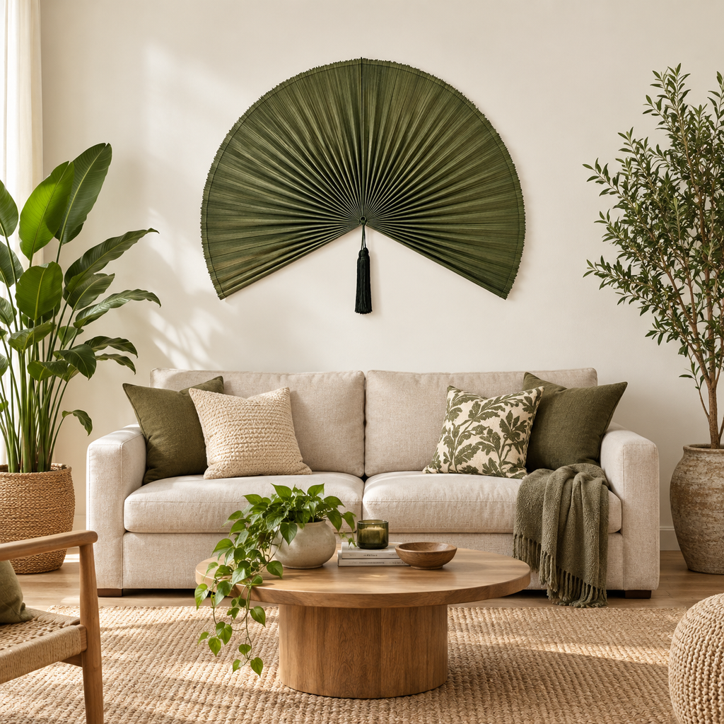 Dark Olive Green woven wall fan in an alternate room setting